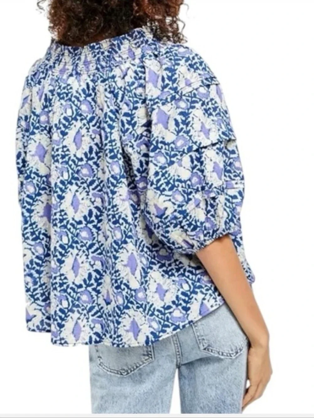 Free People Willow Printed Puff Sleeve Tie Neck Blouse